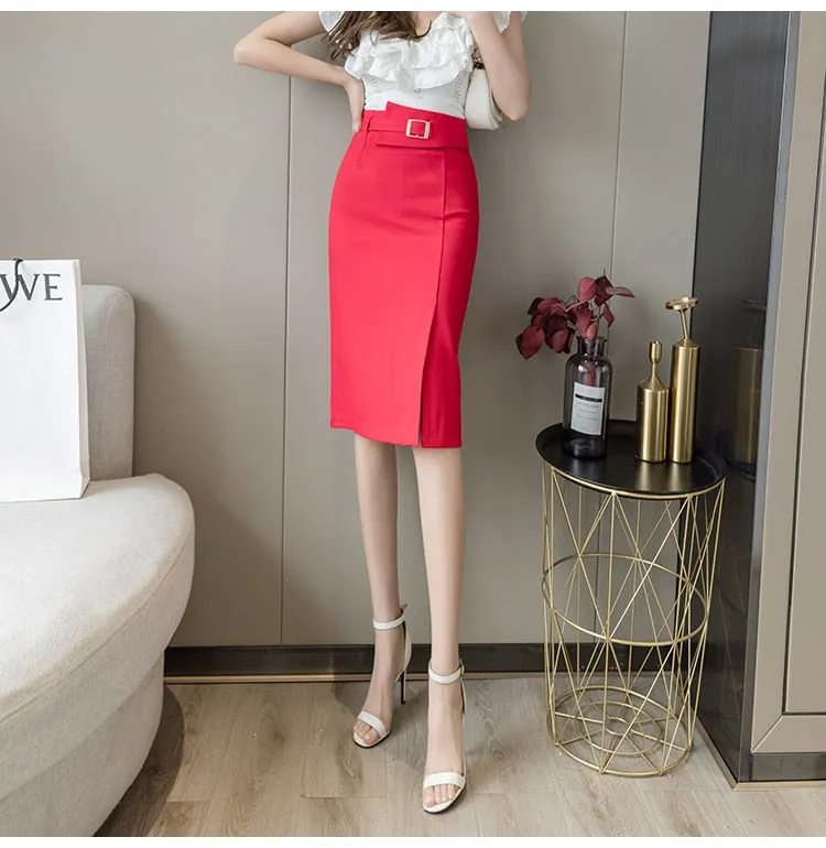 Wjczt Spring Summer Buttons Wrap Midi Skirts 2024 New High Waist Workwear Front Split Sheath Pencil Skirts Female