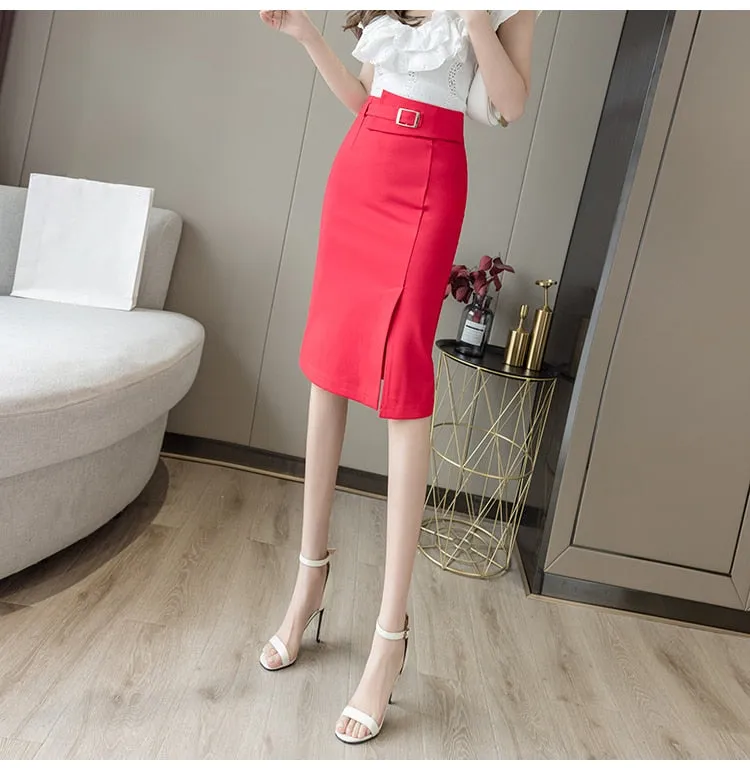 Wjczt Spring Summer Buttons Wrap Midi Skirts 2024 New High Waist Workwear Front Split Sheath Pencil Skirts Female