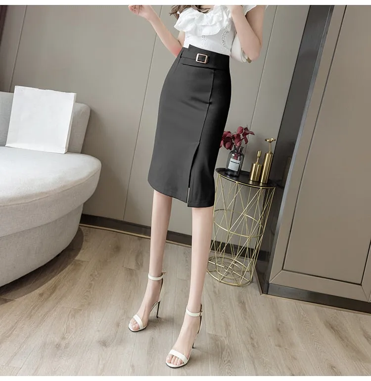 Wjczt Spring Summer Buttons Wrap Midi Skirts 2024 New High Waist Workwear Front Split Sheath Pencil Skirts Female