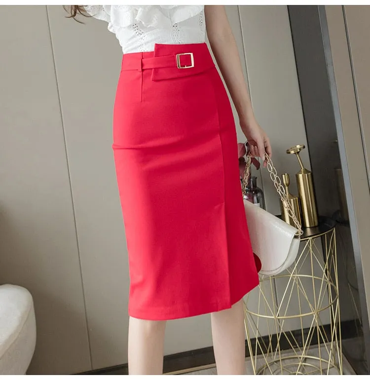 Wjczt Spring Summer Buttons Wrap Midi Skirts 2024 New High Waist Workwear Front Split Sheath Pencil Skirts Female