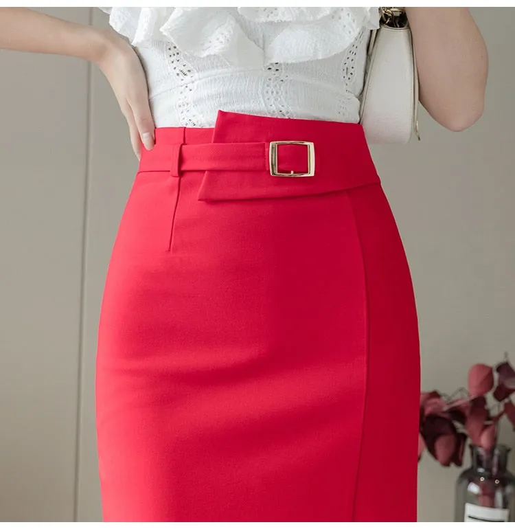 Wjczt Spring Summer Buttons Wrap Midi Skirts 2024 New High Waist Workwear Front Split Sheath Pencil Skirts Female