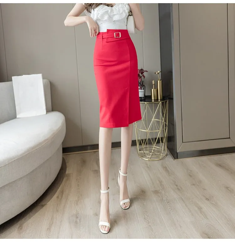 Wjczt Spring Summer Buttons Wrap Midi Skirts 2024 New High Waist Workwear Front Split Sheath Pencil Skirts Female