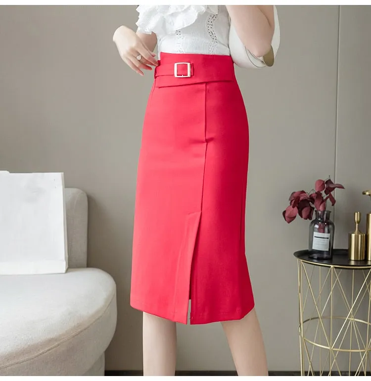 Wjczt Spring Summer Buttons Wrap Midi Skirts 2024 New High Waist Workwear Front Split Sheath Pencil Skirts Female