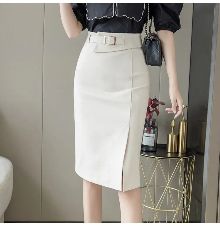 Wjczt Spring Summer Buttons Wrap Midi Skirts 2024 New High Waist Workwear Front Split Sheath Pencil Skirts Female