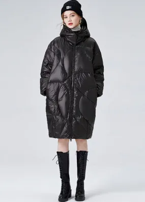 Women Black Hooded Zippered  Duck Down Puffers Jackets Winter