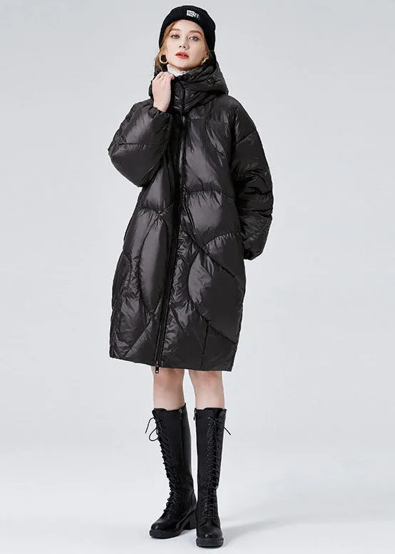 Women Black Hooded Zippered  Duck Down Puffers Jackets Winter