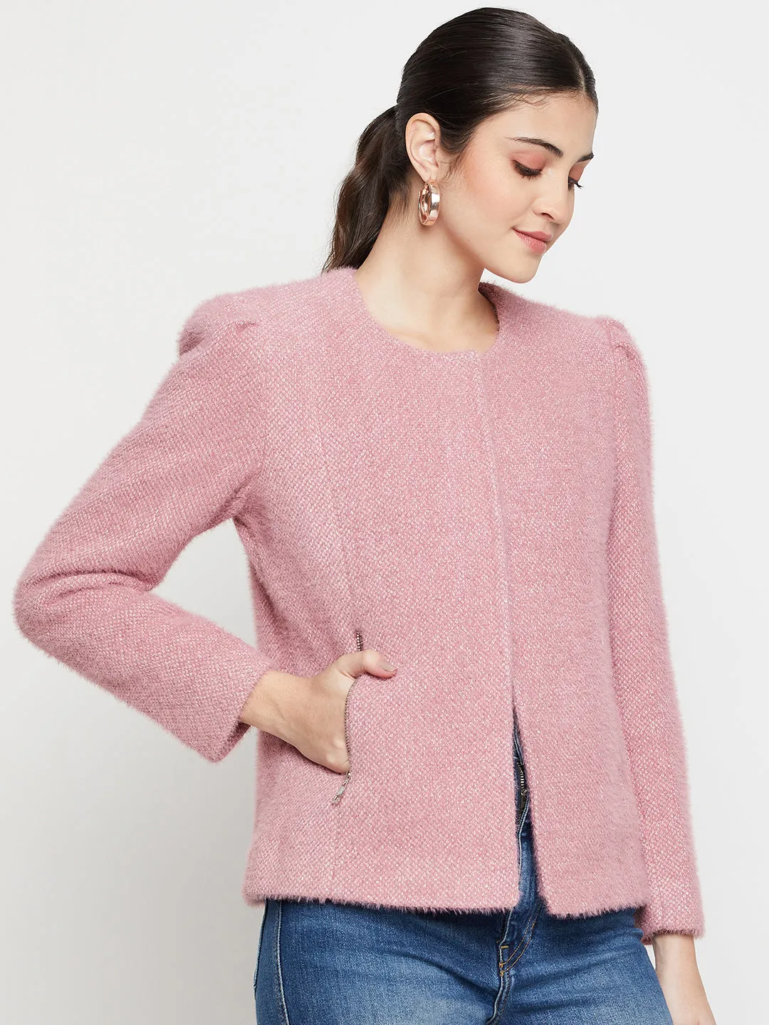 Women's   Pink Single breasted  Round neck  Blazer